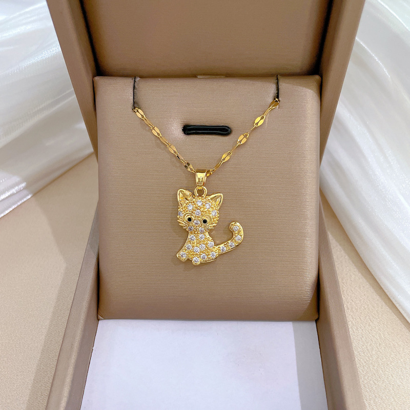 Wholesale Cute Cat Titanium Steel Copper Plating Inlay Artificial Gemstones Pendant Necklace display picture 1