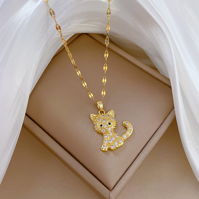 Wholesale Cute Cat Titanium Steel Copper Plating Inlay Artificial Gemstones Pendant Necklace display picture 4