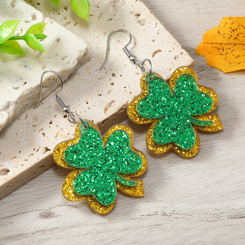 1 Pair Simple Style Shamrock Four Leaf Clover Painted Arylic Drop Earrings display picture 12