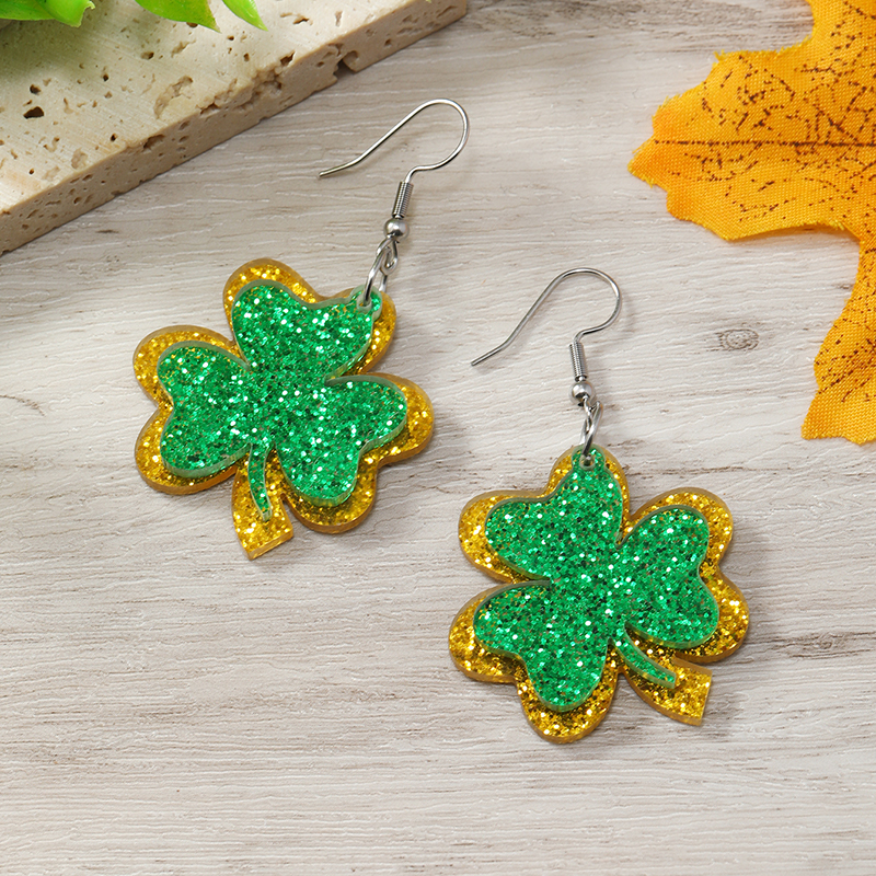 1 Pair Simple Style Shamrock Four Leaf Clover Painted Arylic Drop Earrings display picture 14