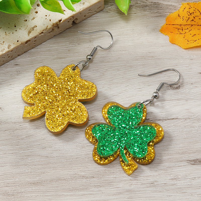1 Pair Simple Style Shamrock Four Leaf Clover Painted Arylic Drop Earrings display picture 15