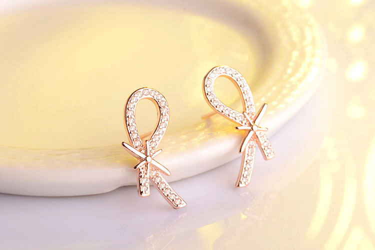 1 Paire Style Simple Style Classique Noeud D'Arc Incruster Le Cuivre Strass Boucles D'Oreilles display picture 8