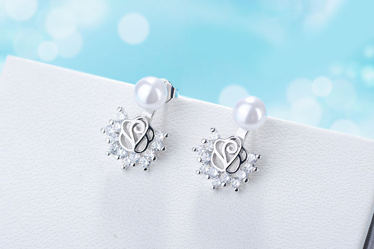1 Pair Lady Flower Plating Inlay Copper Pearl Zircon White Gold Plated Drop Earrings display picture 5