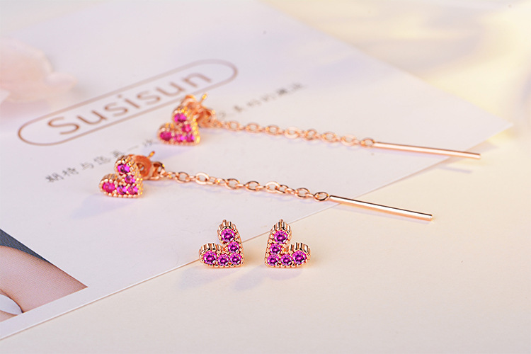 1 Pair Simple Style Shiny Heart Shape Chain Inlay Copper Zircon Drop Earrings Ear Studs display picture 8