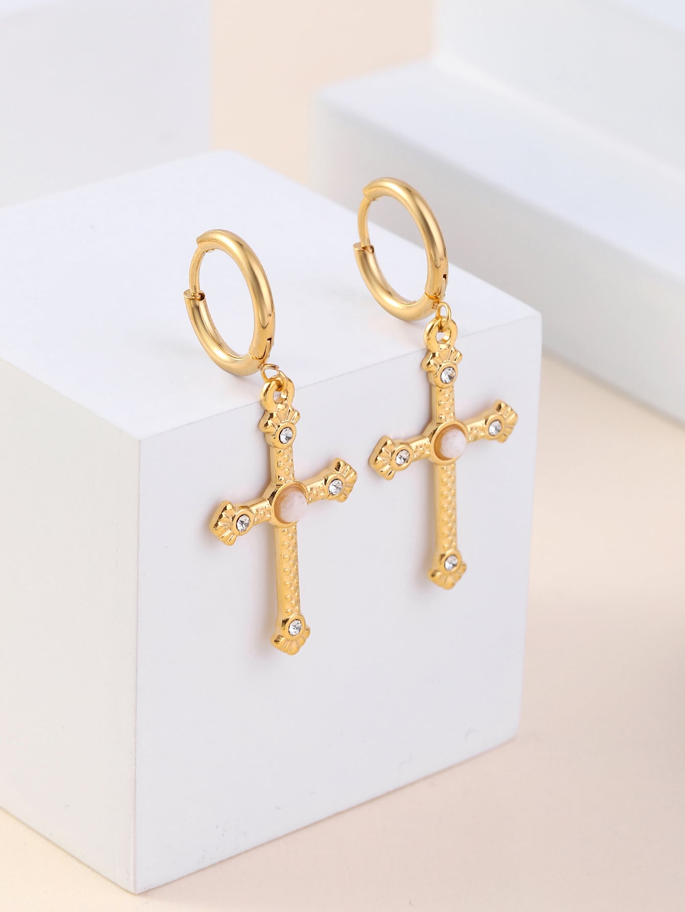 1 Pair Classic Style Cross Inlay 304 Stainless Steel Zircon 18K Gold Plated Drop Earrings display picture 1