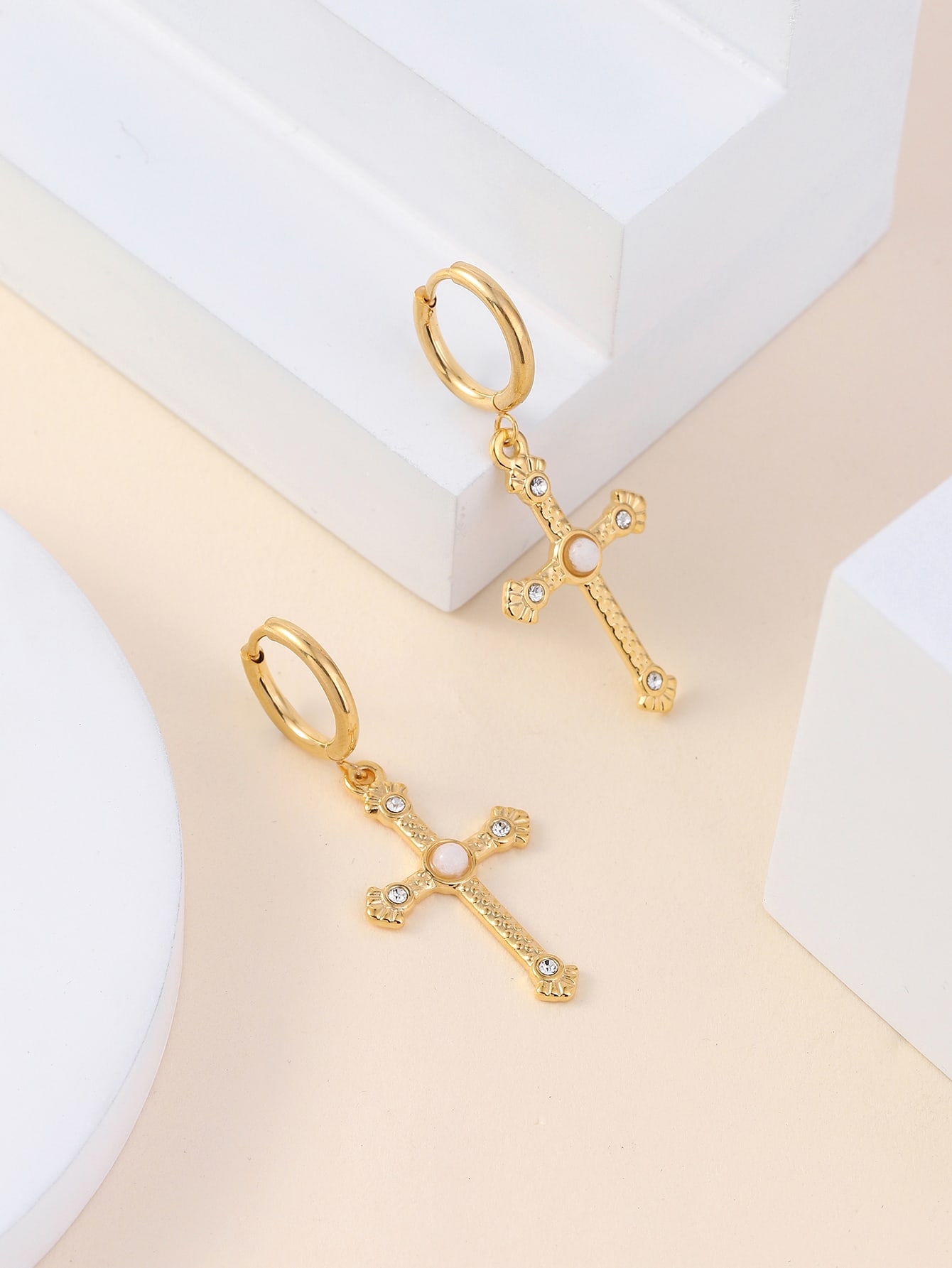1 Pair Classic Style Cross Inlay 304 Stainless Steel Zircon 18K Gold Plated Drop Earrings display picture 2