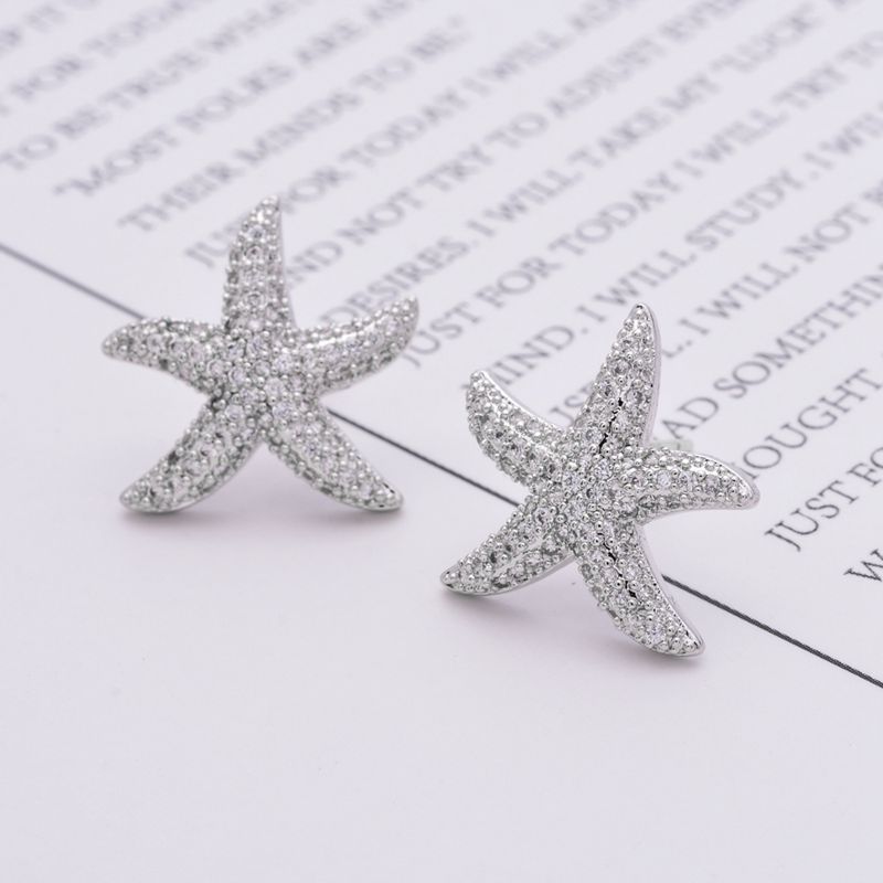 1 Pair Cute Starfish Plating Inlay Copper Zircon White Gold Plated Ear Studs display picture 2