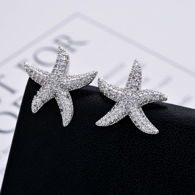 1 Pair Cute Starfish Plating Inlay Copper Zircon White Gold Plated Ear Studs display picture 4