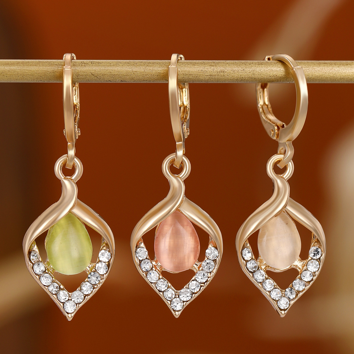 1 Pair Ig Style Water Droplets Plating Hollow Out Inlay Alloy Rhinestones Opal Drop Earrings display picture 4