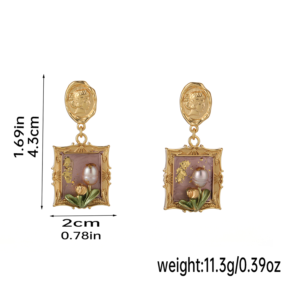 1 Pair Retro Pastoral Square Oval Flower Plating Hollow Out Inlay Copper Freshwater Pearl Shell 18k Gold Plated Drop Earrings display picture 9