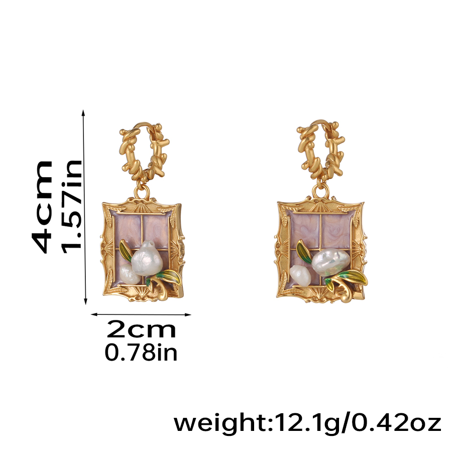 1 Pair Retro Pastoral Square Oval Flower Plating Hollow Out Inlay Copper Freshwater Pearl Shell 18k Gold Plated Drop Earrings display picture 11