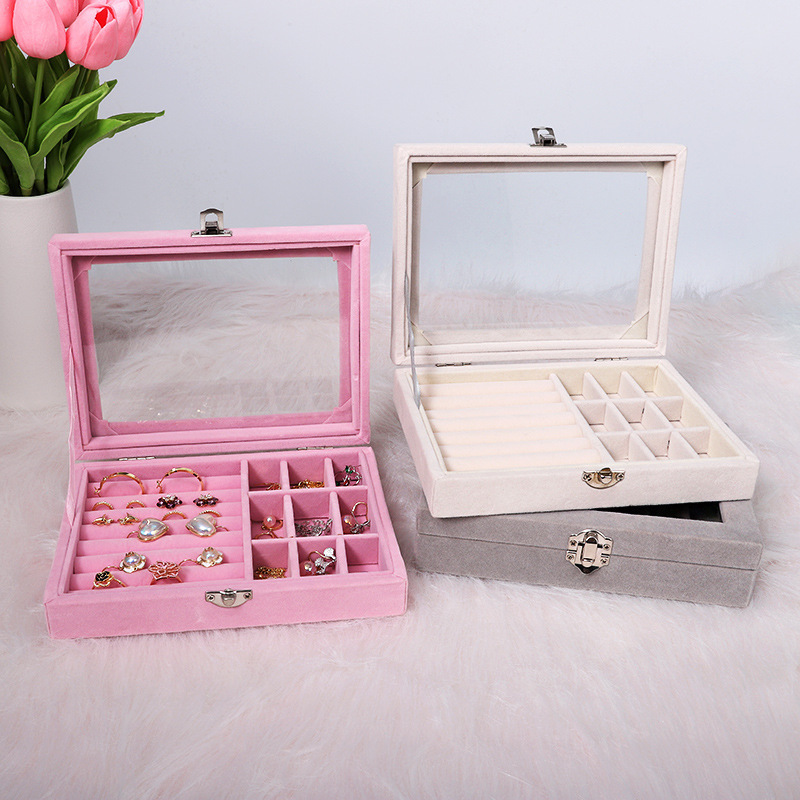 Classic Style Solid Color Flocking Glass Transparent Jewelry Boxes display picture 2