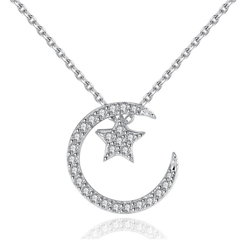 Simple Style Classic Style Star Moon Sterling Silver Polishing Plating Inlay Zircon White Gold Plated Pendant Necklace display picture 2