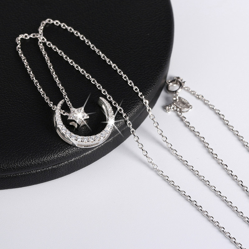 Simple Style Classic Style Star Moon Sterling Silver Polishing Plating Inlay Zircon White Gold Plated Pendant Necklace display picture 4