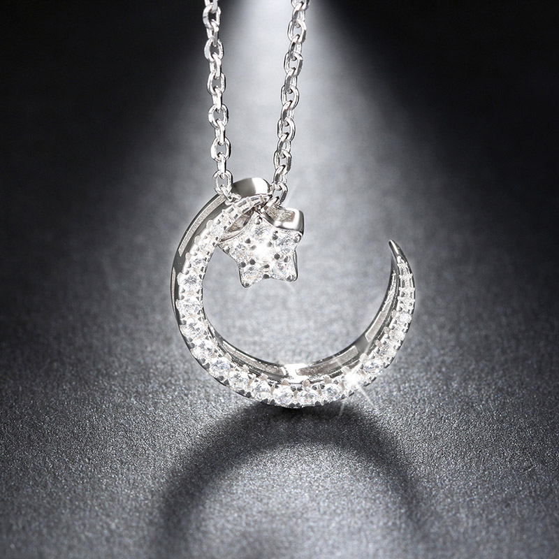 Simple Style Classic Style Star Moon Sterling Silver Polishing Plating Inlay Zircon White Gold Plated Pendant Necklace display picture 5