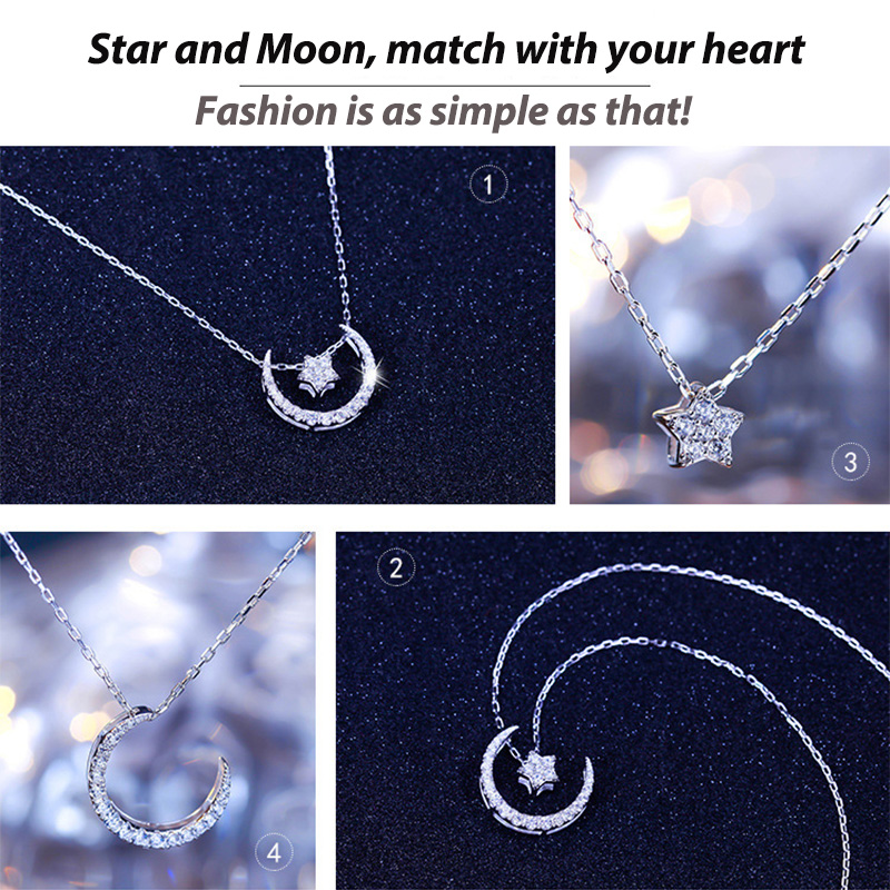 Simple Style Classic Style Star Moon Sterling Silver Polishing Plating Inlay Zircon White Gold Plated Pendant Necklace display picture 9