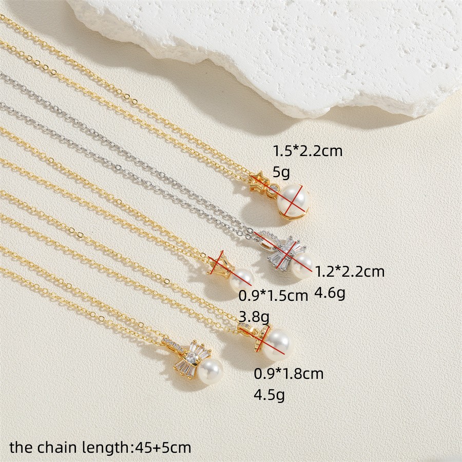 Elegant Vacation Simple Style Star Crown Bow Knot Copper 14k Gold Plated White Gold Plated Artificial Pearls Zircon Pendant Necklace In Bulk display picture 7