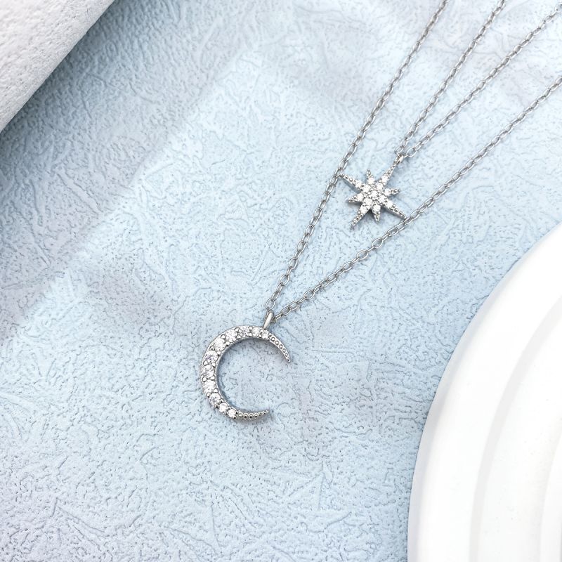 Shiny Star Moon Sterling Silver Plating Inlay Zircon Gold Plated Silver Plated Layered Necklaces display picture 1