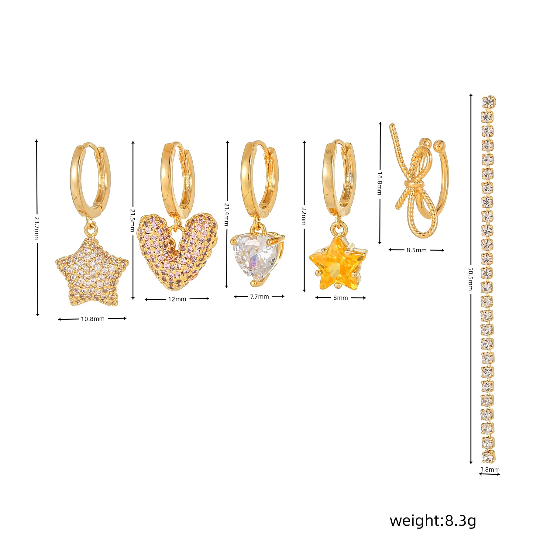 1 Set Cute Sweet Star Moon Heart Shape Plating Inlay Brass Zircon 18k Gold Plated Silver Plated Drop Earrings display picture 7