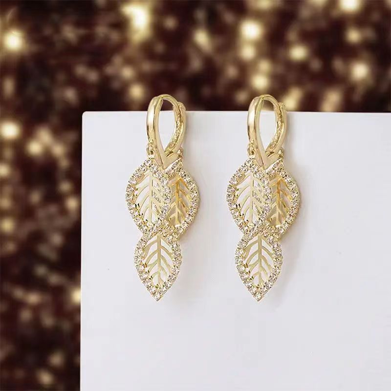 1 Pair Elegant Leaf Inlay Alloy Artificial Crystal Rhinestones Drop Earrings display picture 2