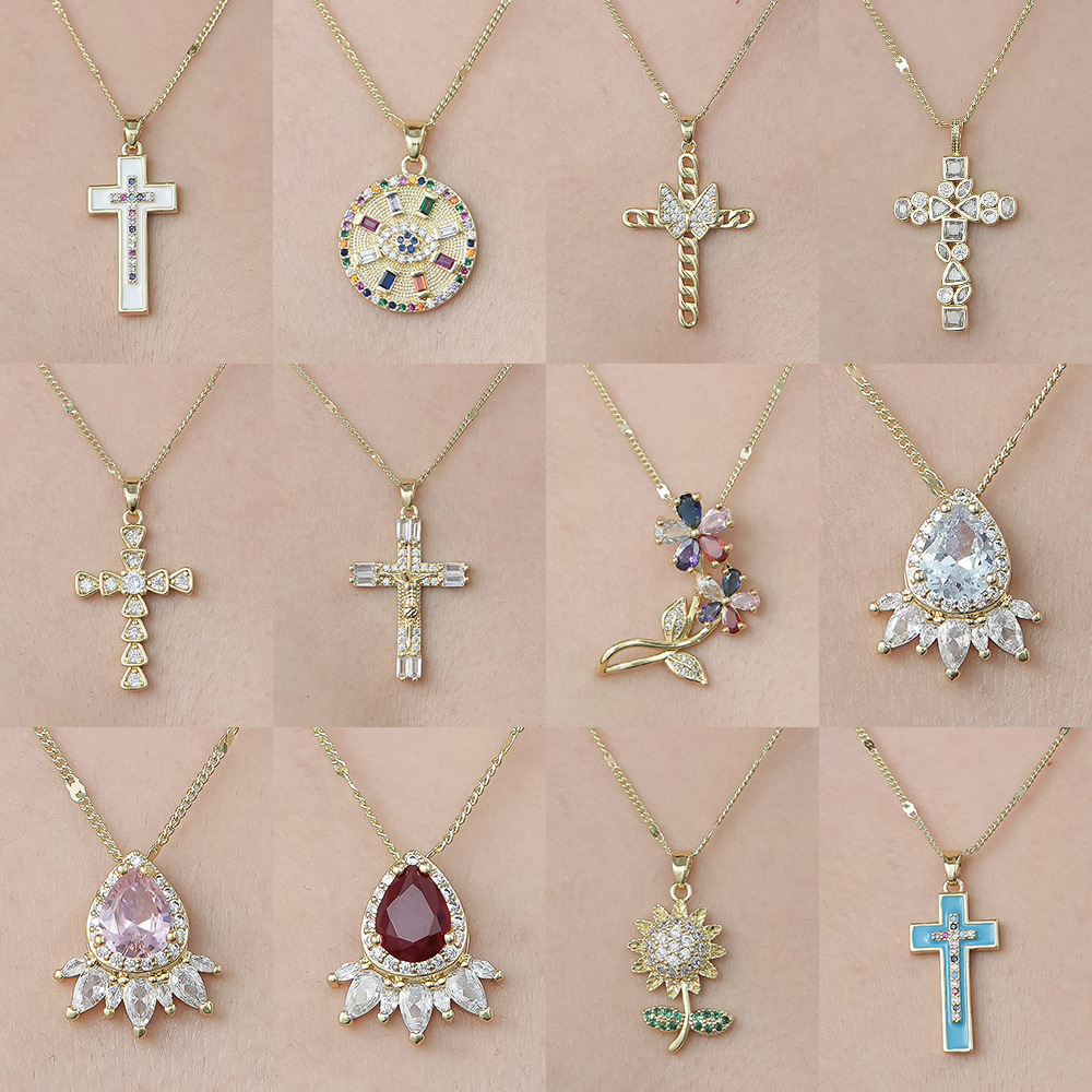Simple Style Cross Sunflower Butterfly Copper Plating Inlay Zircon Pendant Necklace display picture 1