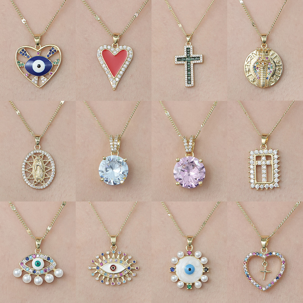 Copper Simple Style Plating Inlay Cross Devil's Eye Virgin Mary Zircon Pendant Necklace display picture 1