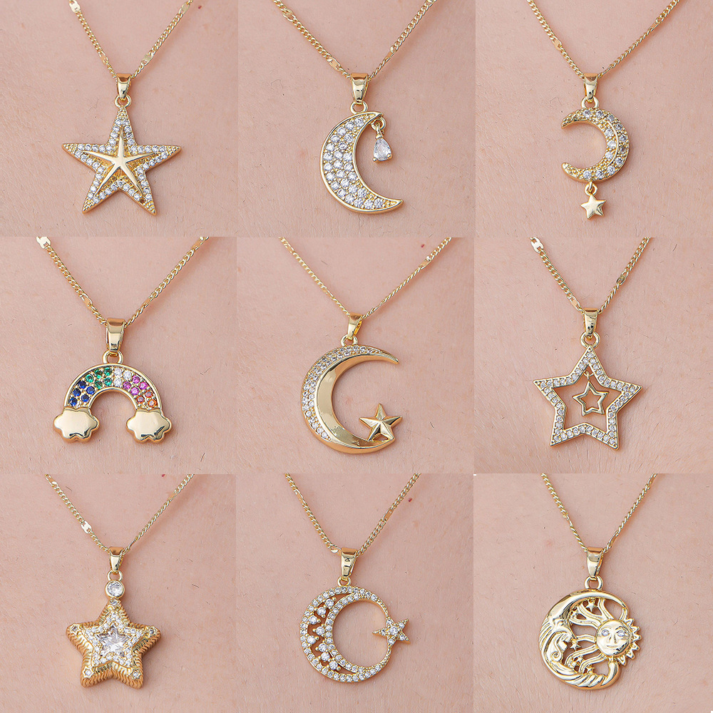 201 Stainless Steel Zircon Simple Style Polishing Plating Rainbow Star Moon Pendant Necklace display picture 1