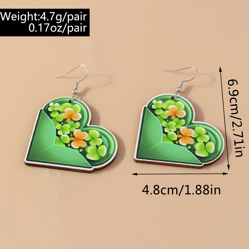1 Pair Romantic Shamrock Heart Shape Alloy Wood Drop Earrings display picture 1