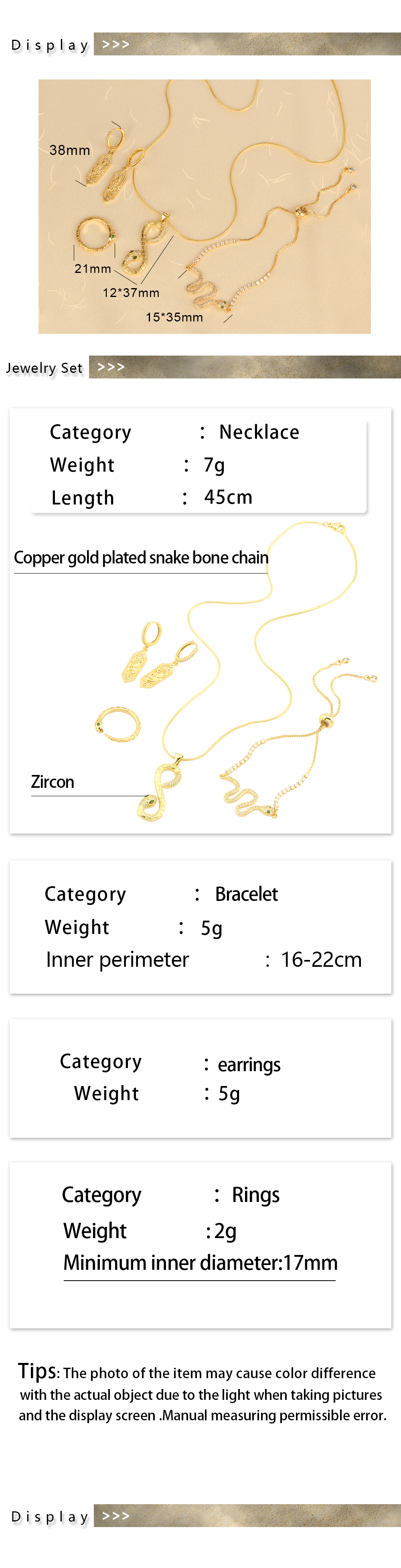 Elegant Simple Style Snake Copper Plating Inlay Zircon 18k Gold Plated Jewelry Set display picture 1