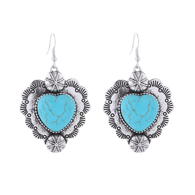 1 Pair Vintage Style Simple Style Heart Shape Plating Inlay Alloy Turquoise Silver Plated Drop Earrings display picture 5