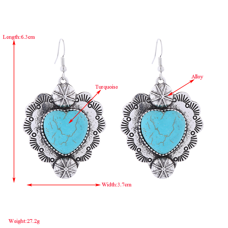 1 Pair Vintage Style Simple Style Heart Shape Plating Inlay Alloy Turquoise Silver Plated Drop Earrings display picture 1