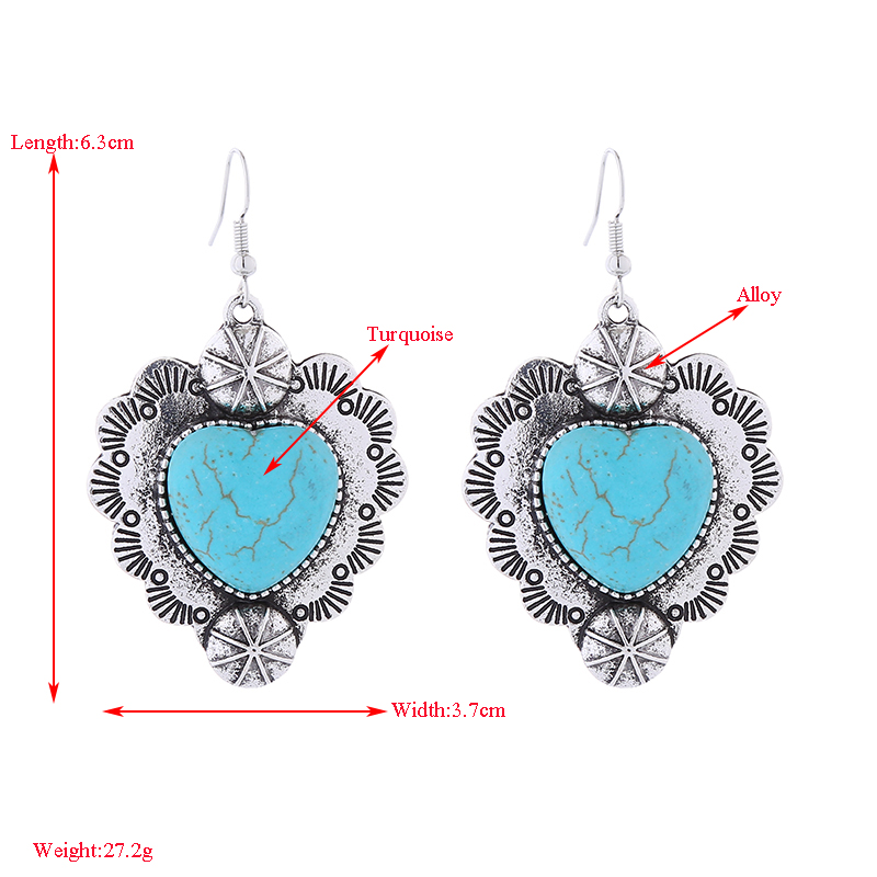 1 Paire Style Vintage Style Simple Forme De Cœur Placage Incruster Alliage Turquoise Plaqué Argent Boucles D'oreilles display picture 1