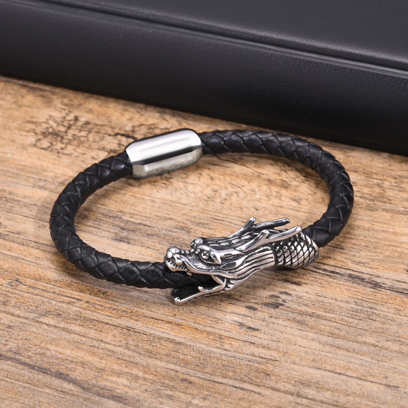 Punk Dragon Stainless Steel Leather Men's Bangle display picture 3