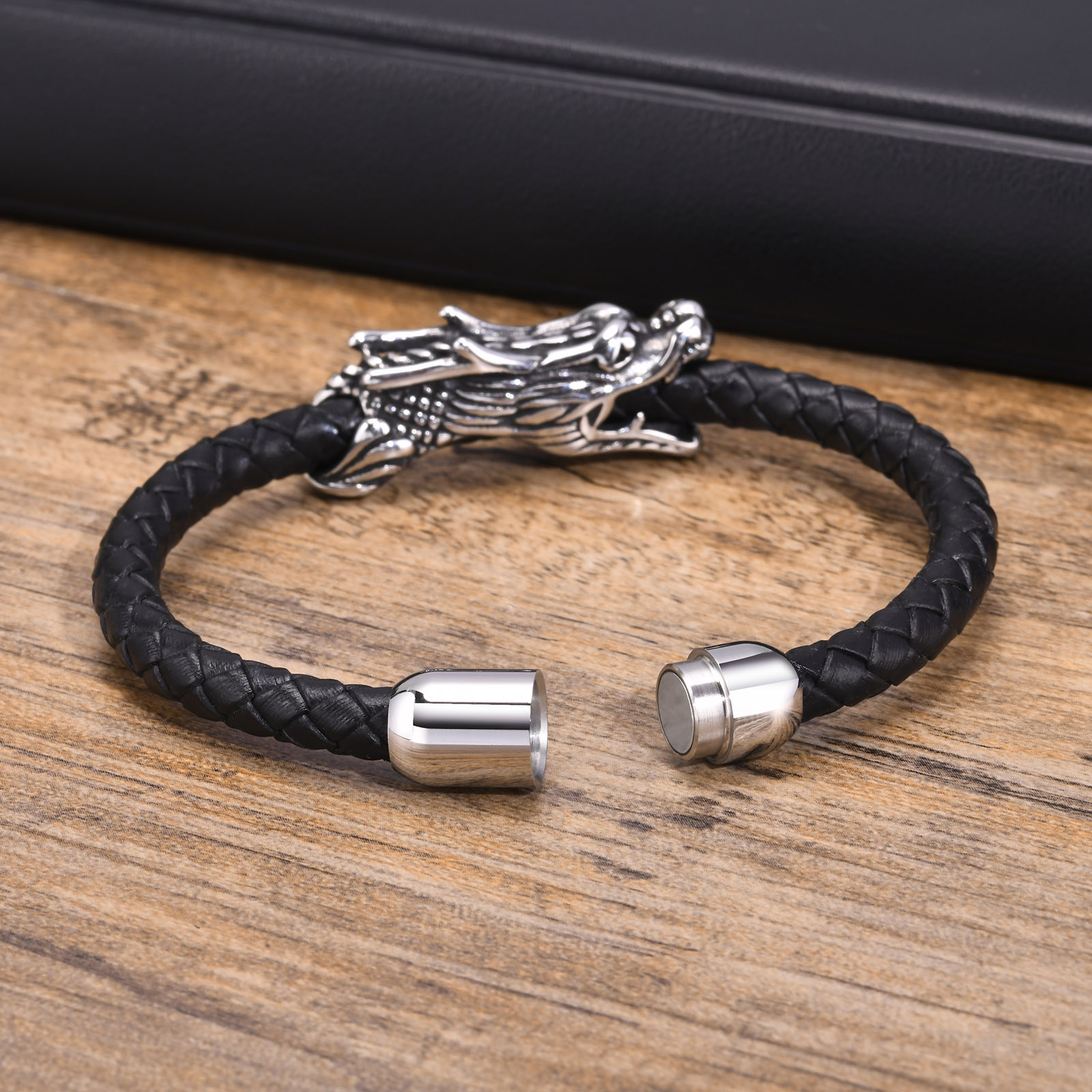 Punk Dragon Stainless Steel Leather Men's Bangle display picture 4