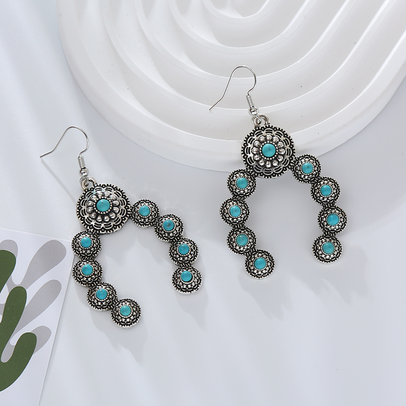 1 Pair Vintage Style Simple Style Classic Style Flower Plating Inlay Alloy Turquoise Silver Plated Drop Earrings display picture 3