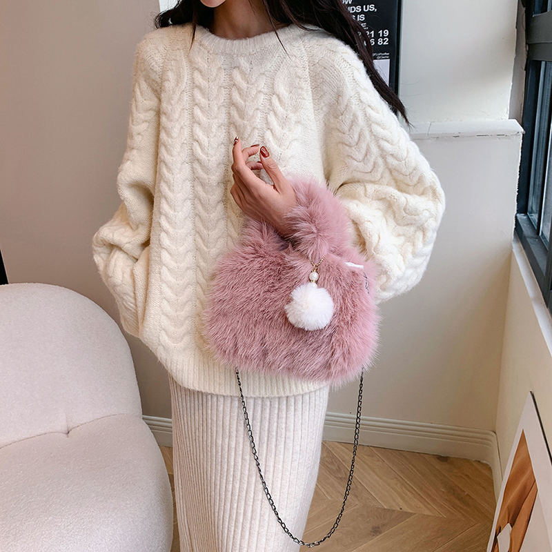 Women's Plush Solid Color Cute Classic Style Streetwear Fluff Ball Sewing Thread Chain Square Magnetic Buckle Handbag display picture 16