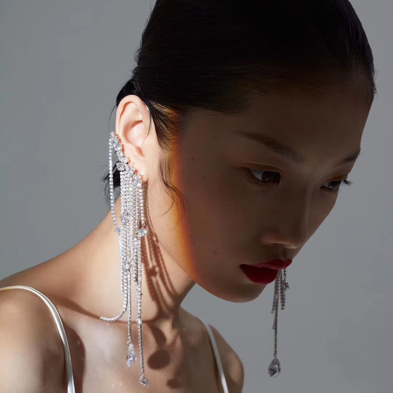 1 Pair Elegant Luxurious Geometric Tassel Inlay Alloy Rhinestones Silver Plated Drop Earrings display picture 5