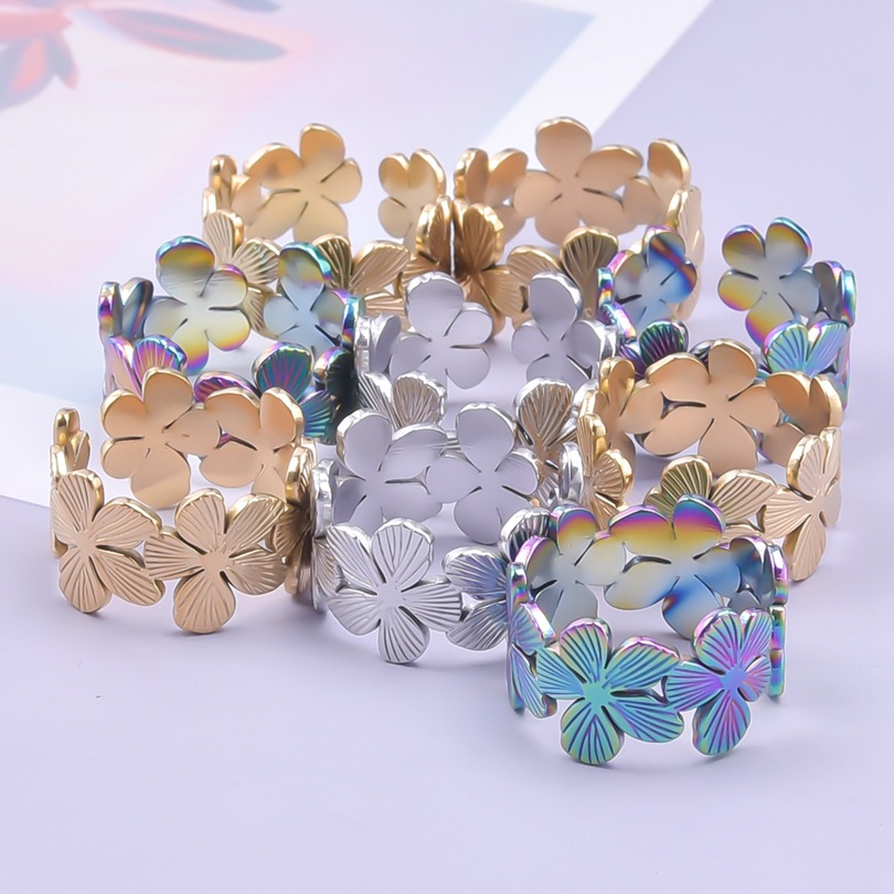 Vintage Style Flower Stainless Steel Polishing Open Rings display picture 1