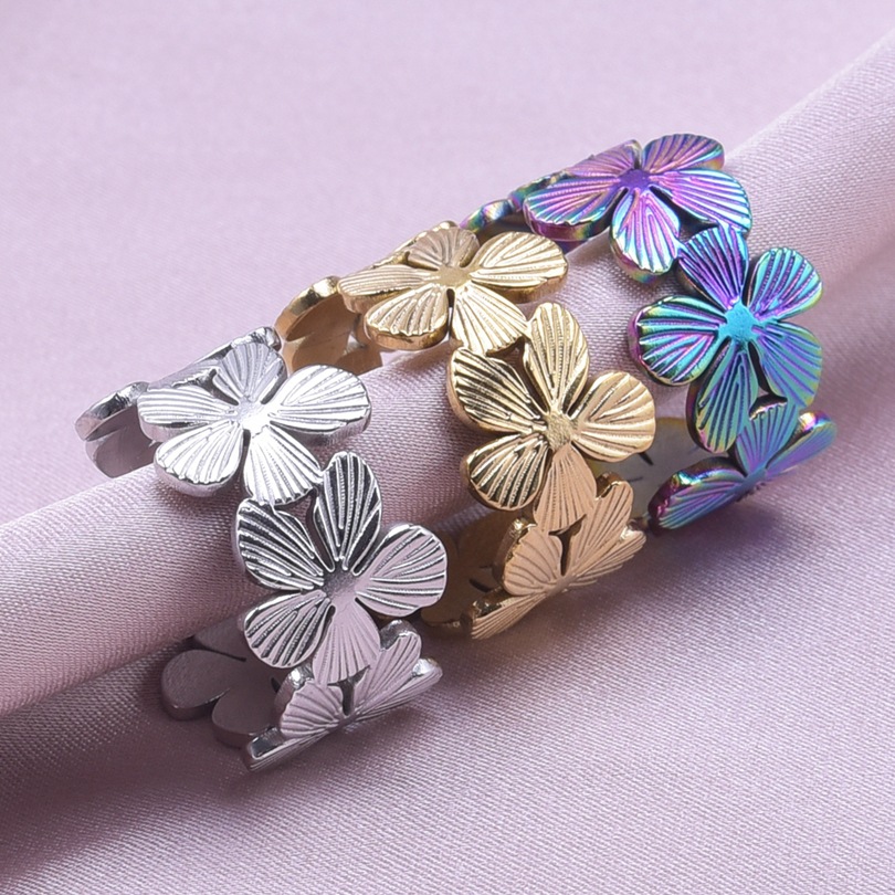 Vintage Style Flower Stainless Steel Polishing Open Rings display picture 3
