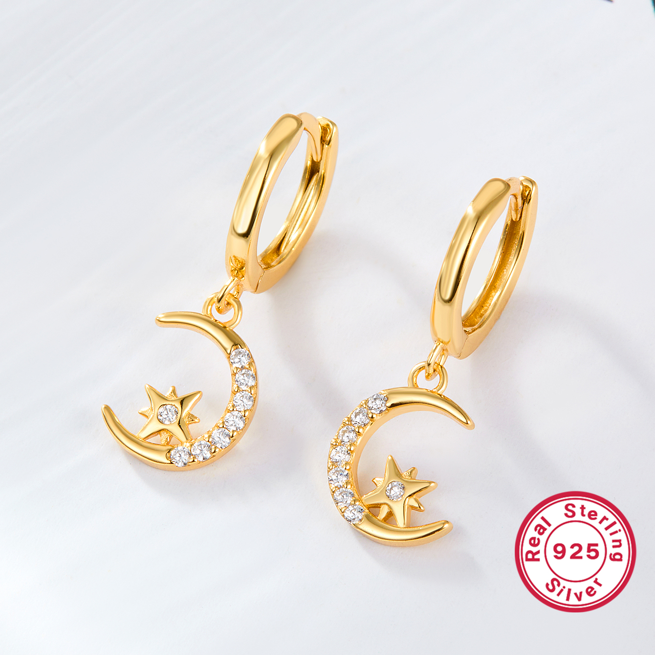 1 Paire Style Simple Vêtement De Rue Star Lune Placage Incruster Argent Sterling Zircon Plaqué Or 18k Boucles D'oreilles display picture 3