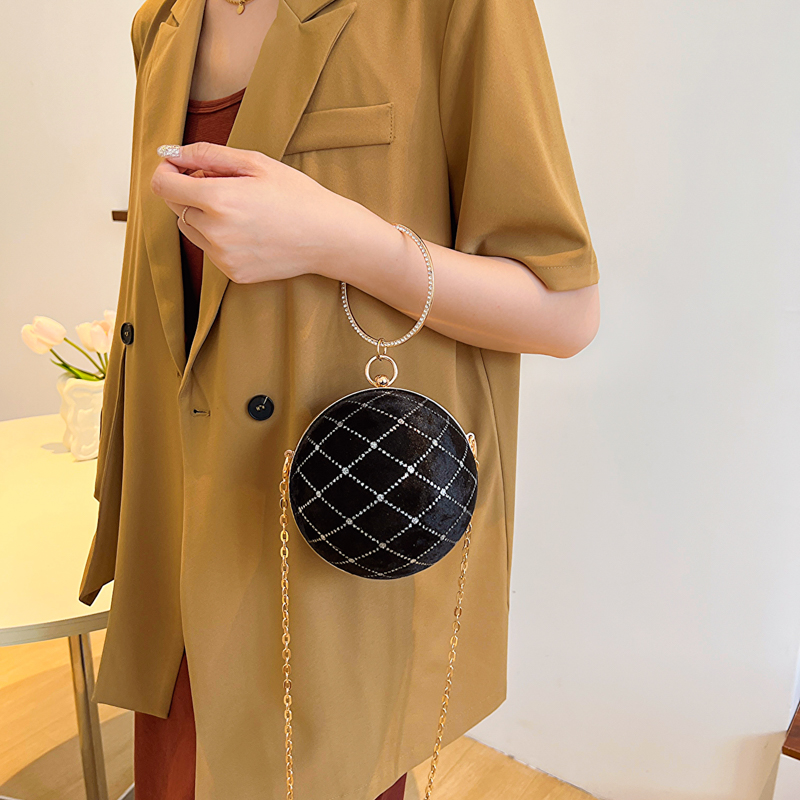 Khaki Brown Grey Suede Lattice Solid Color Chain Round Hot Drill Sewing Evening Bags display picture 2