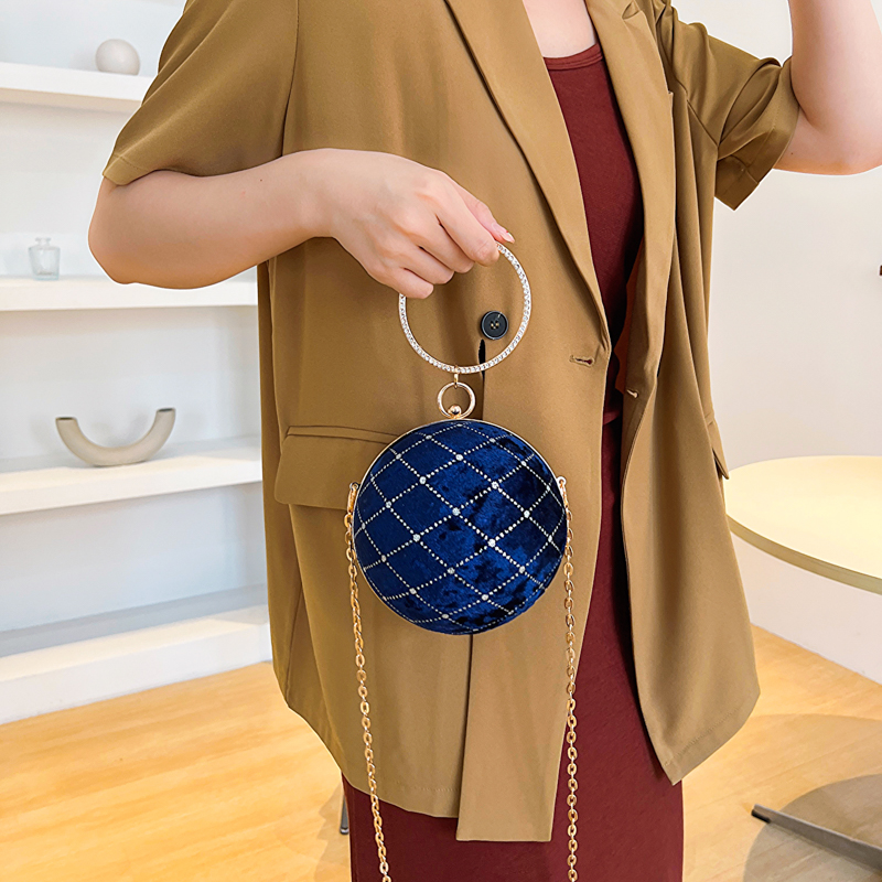 Khaki Brown Grey Suede Lattice Solid Color Chain Round Hot Drill Sewing Evening Bags display picture 5