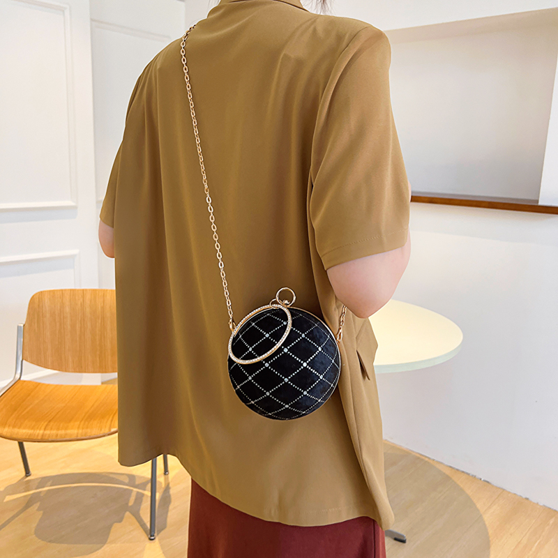 Khaki Brown Grey Suede Lattice Solid Color Chain Round Hot Drill Sewing Evening Bags display picture 15