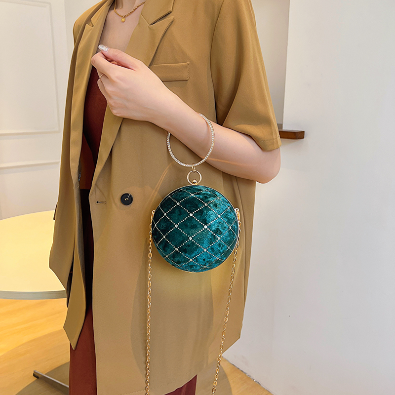 Khaki Brown Grey Suede Lattice Solid Color Chain Round Hot Drill Sewing Evening Bags display picture 18