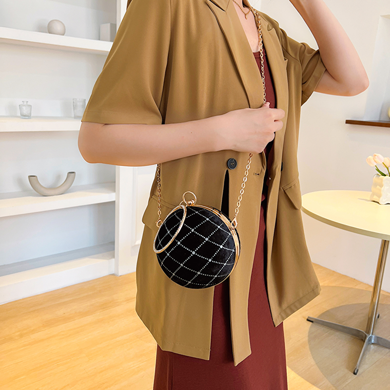Khaki Brown Grey Suede Lattice Solid Color Chain Round Hot Drill Sewing Evening Bags display picture 20