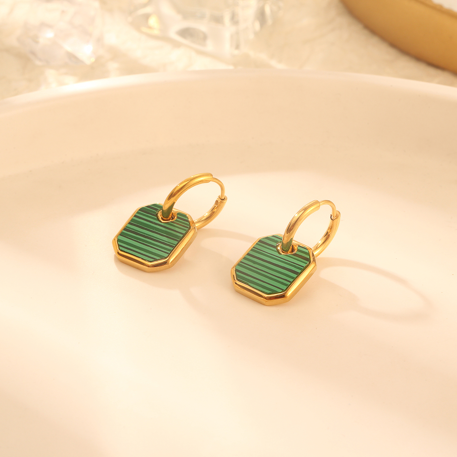 1 Pair Elegant Square Polishing Plating Inlay 304 Stainless Steel Malachite 18K Gold Plated Drop Earrings display picture 1