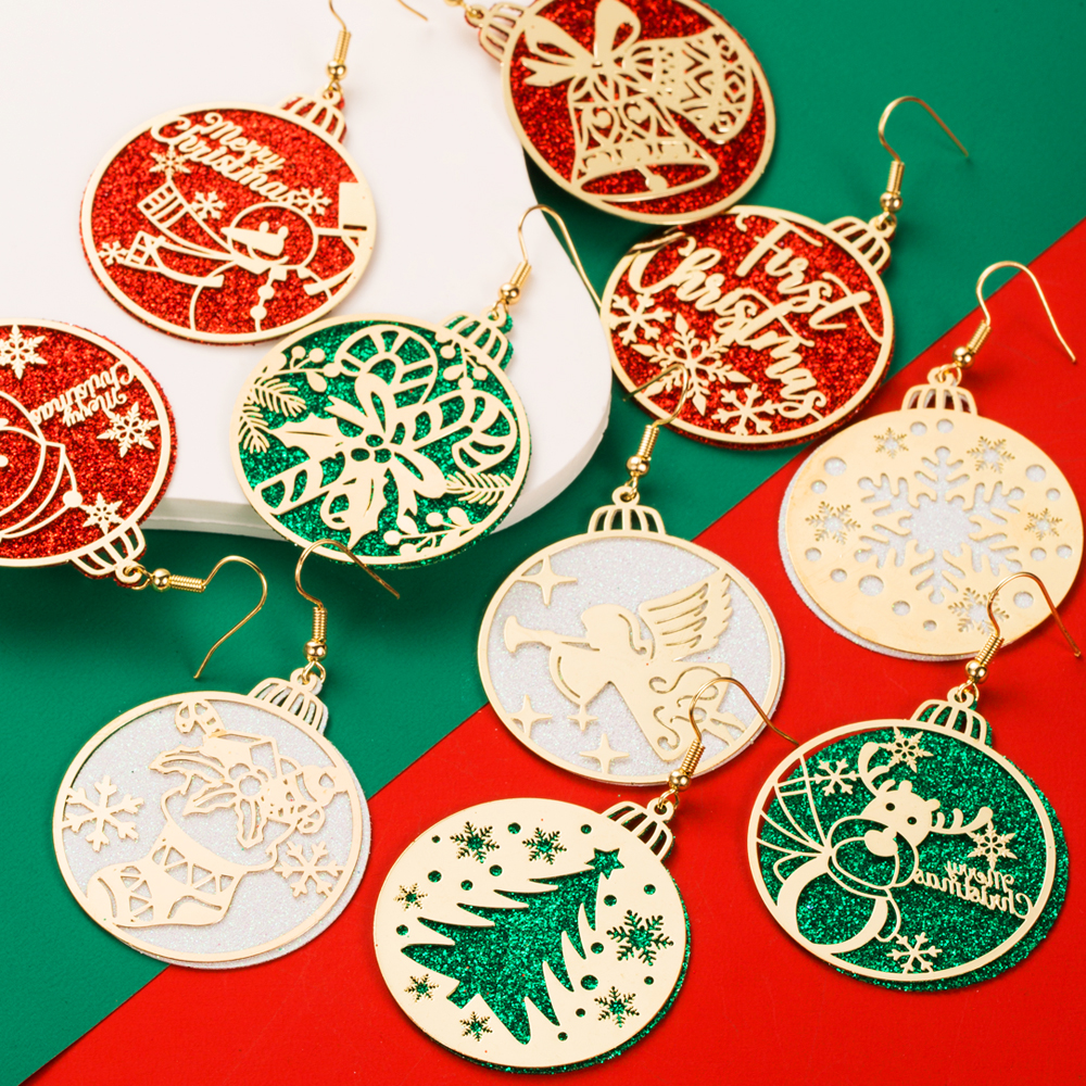 1 Pair Cute Round Christmas Tree Santa Claus Plating Carving Alloy Gold Plated Drop Earrings display picture 2