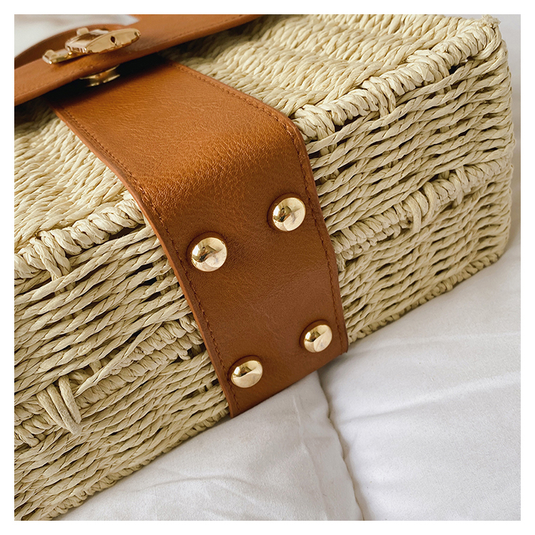 Women's Pu Leather Straw Color Block Vacation Square Lock Clasp Handbag display picture 12