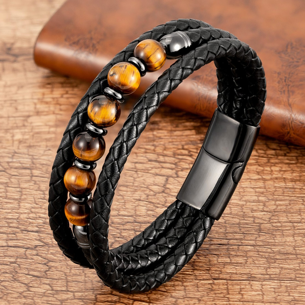 Handmade Round Natural Stone Tiger Eye Beaded Men's Bracelets display picture 2