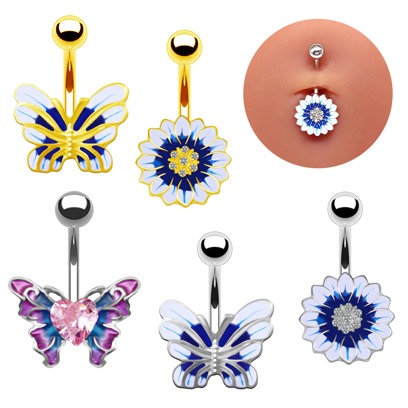 Style Simple Tournesol Forme De Cœur Papillon Acier Inoxydable Alliage Le Cuivre Époxy Fleurs Papillon Strass Le Cuivre Zircon Or Blanc Plaqué Anneau Du Ventre display picture 9